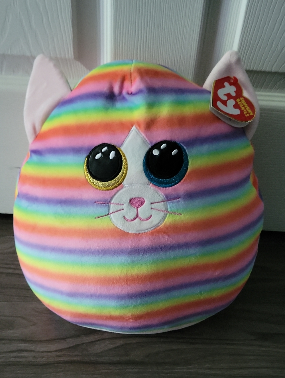 Ty Rainbow Striped Cat Plush with Glittery Mismatched Eyes - Squishy Beanie NWT